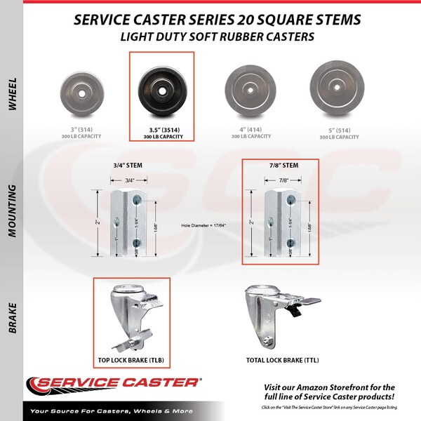 Service Caster 3.5 Inch Soft Rubber Wheel Swivel 7/8 Inch Square Stem Caster Set with Brake SCC SCC-SQ20S3514-SRS-TLB-78-4 - main